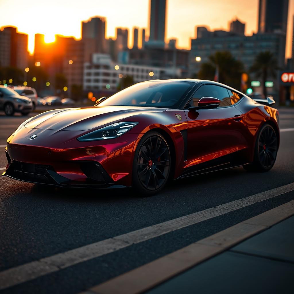 A sleek, modern sports car parked on a vibrant city street at sunset