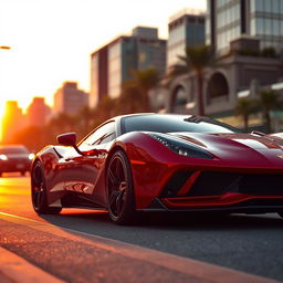 A sleek, modern sports car parked on a vibrant city street at sunset