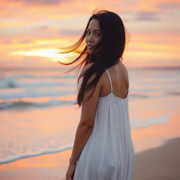 A beautiful woman with flowing black hair standing on the beach during sunset, the vibrant sky painted in hues of orange, pink, and purple
