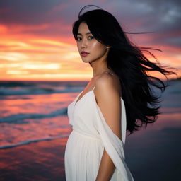 A beautiful woman with flowing black hair standing on the beach during sunset, the vibrant sky painted in hues of orange, pink, and purple