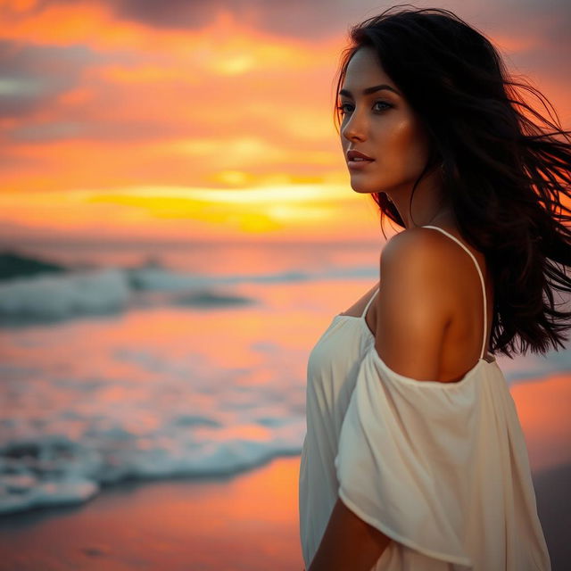 A beautiful woman with flowing black hair standing on the beach during sunset, the vibrant sky painted in hues of orange, pink, and purple