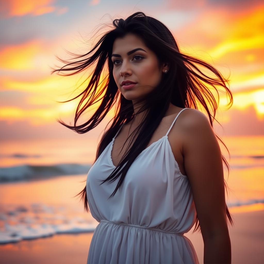A beautiful woman with flowing black hair standing on the beach during sunset, the vibrant sky painted in hues of orange, pink, and purple