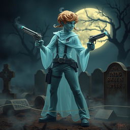 A ghostly gunslinger, ethereal and shimmering, stands confidently in a dynamic pose, wielding a pair of spectral revolvers