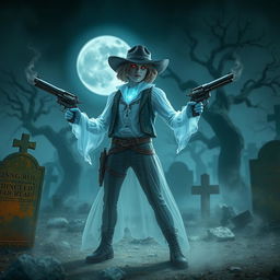 A ghostly gunslinger, ethereal and shimmering, stands confidently in a dynamic pose, wielding a pair of spectral revolvers