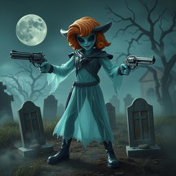 A ghostly gunslinger, ethereal and shimmering, stands confidently in a dynamic pose, wielding a pair of spectral revolvers