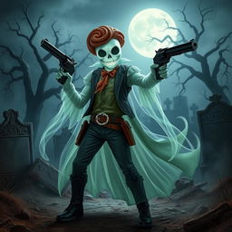 A ghostly gunslinger, ethereal and shimmering, stands confidently in a dynamic pose, wielding a pair of spectral revolvers