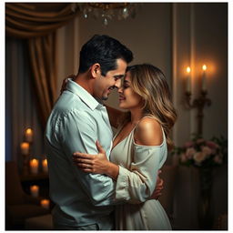 A sensual and intimate scene featuring a couple embracing passionately in a softly lit room, surrounded by luxurious fabrics and dim lighting