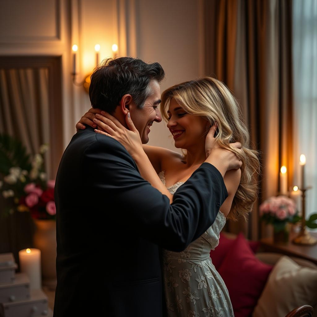 A sensual and intimate scene featuring a couple embracing passionately in a softly lit room, surrounded by luxurious fabrics and dim lighting