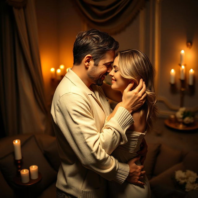 A sensual and intimate scene featuring a couple embracing passionately in a softly lit room, surrounded by luxurious fabrics and dim lighting