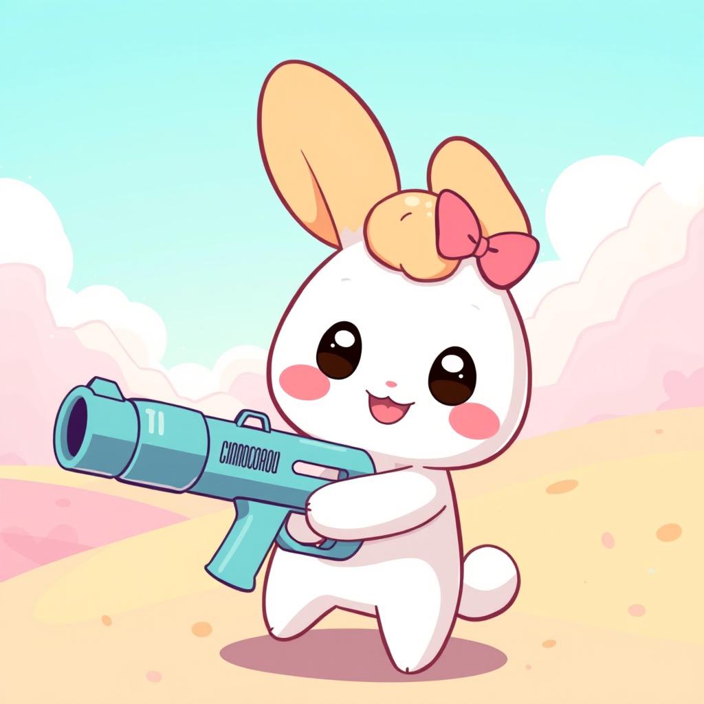 A cute and whimsical illustration featuring a Sanrio-style character inspired by Cinnamoroll, holding a playful, cartoonish handgun