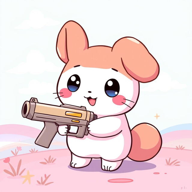 A cute and whimsical illustration featuring a Sanrio-style character inspired by Cinnamoroll, holding a playful, cartoonish handgun