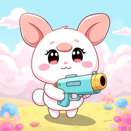 A cute and whimsical illustration featuring a Sanrio-style character inspired by Cinnamoroll, holding a playful, cartoonish handgun