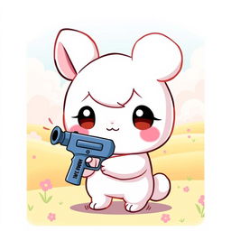 A cute and whimsical illustration featuring a Sanrio-style character inspired by Cinnamoroll, holding a playful, cartoonish handgun