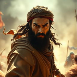 A powerful and majestic portrait of Imam Ali (AS) in battle, depicted as a historical figure in traditional Islamic warrior attire