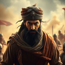 A powerful and majestic portrait of Imam Ali (AS) in battle, depicted as a historical figure in traditional Islamic warrior attire
