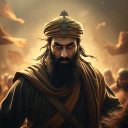 A powerful and majestic portrait of Imam Ali (AS) in battle, depicted as a historical figure in traditional Islamic warrior attire