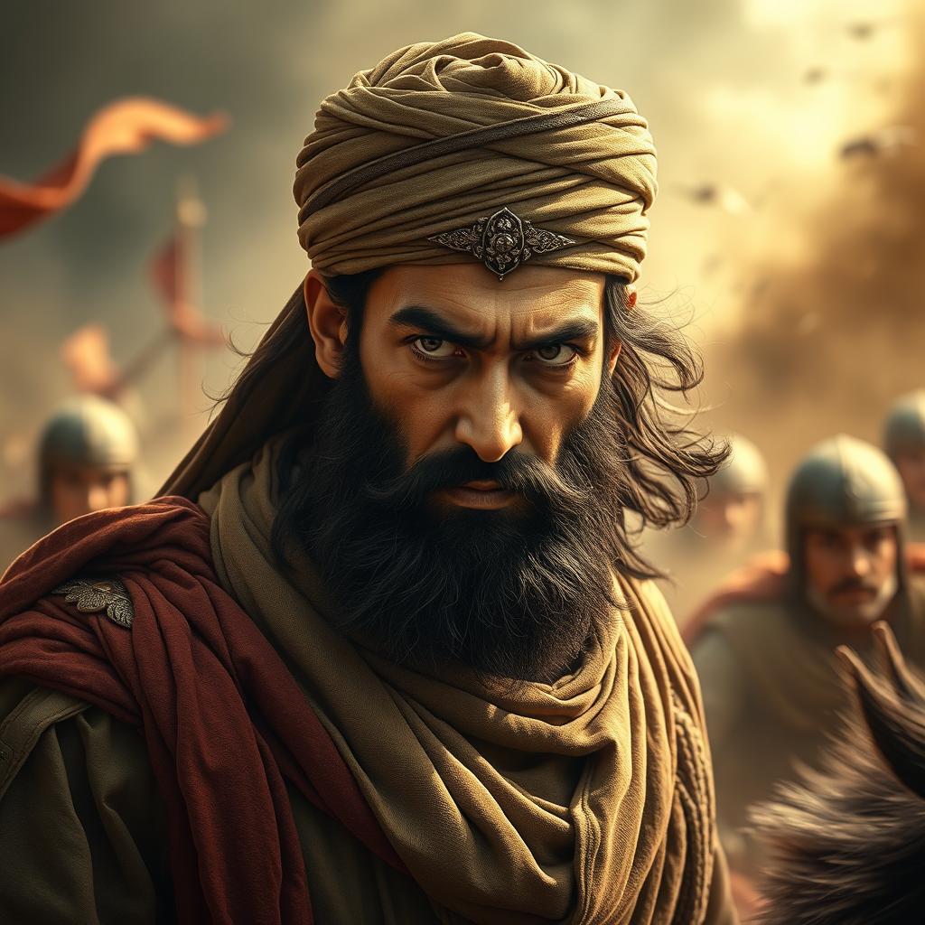 A powerful and majestic portrait of Imam Ali (AS) in battle, depicted as a historical figure in traditional Islamic warrior attire