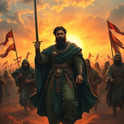 A dramatic and inspirational scene depicting Imam Hussain standing valiantly in the battlefield of Karbala