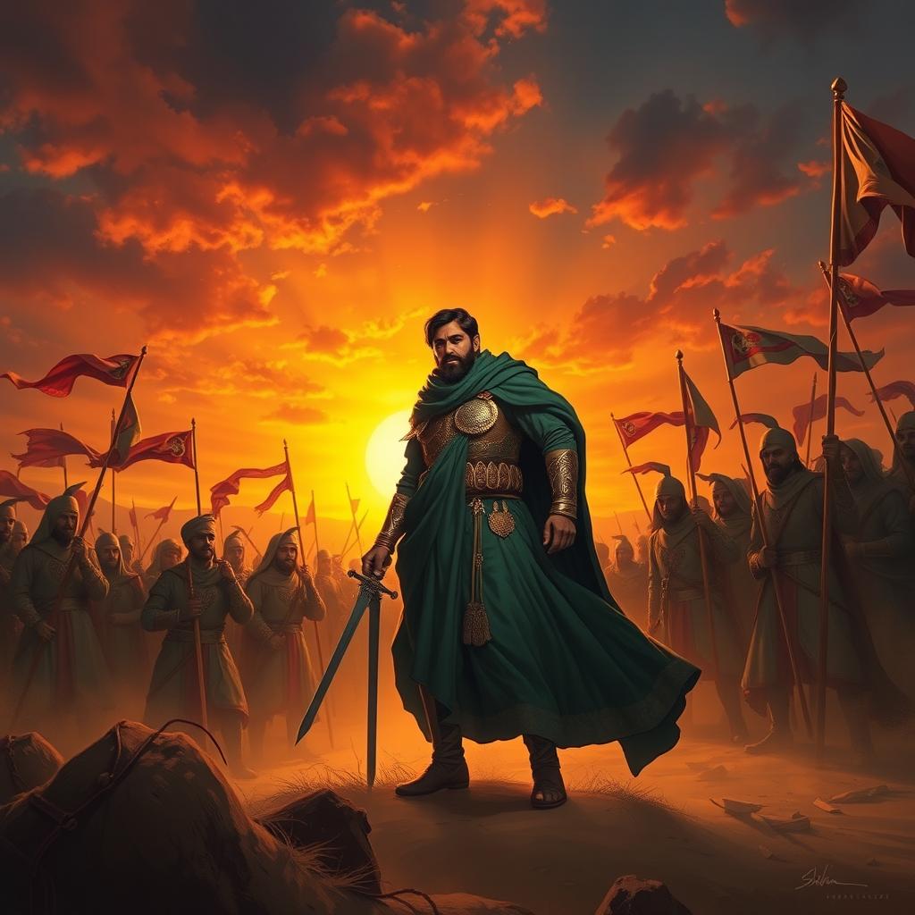 A dramatic and inspirational scene depicting Imam Hussain standing valiantly in the battlefield of Karbala