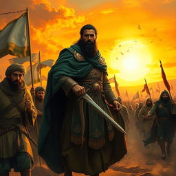 A dramatic and inspirational scene depicting Imam Hussain standing valiantly in the battlefield of Karbala