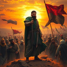 A dramatic and inspirational scene depicting Imam Hussain standing valiantly in the battlefield of Karbala