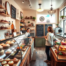 A cozy pastry shop interior filled with an array of colorful pastries and desserts