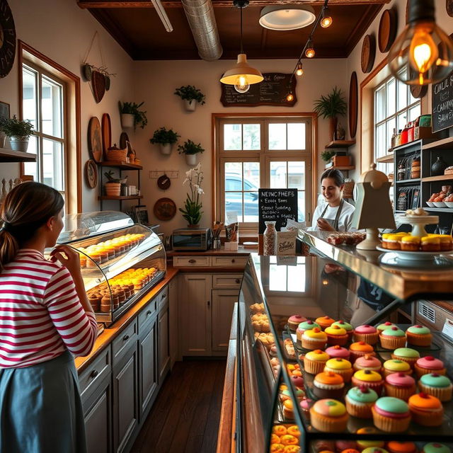 A cozy pastry shop interior filled with an array of colorful pastries and desserts