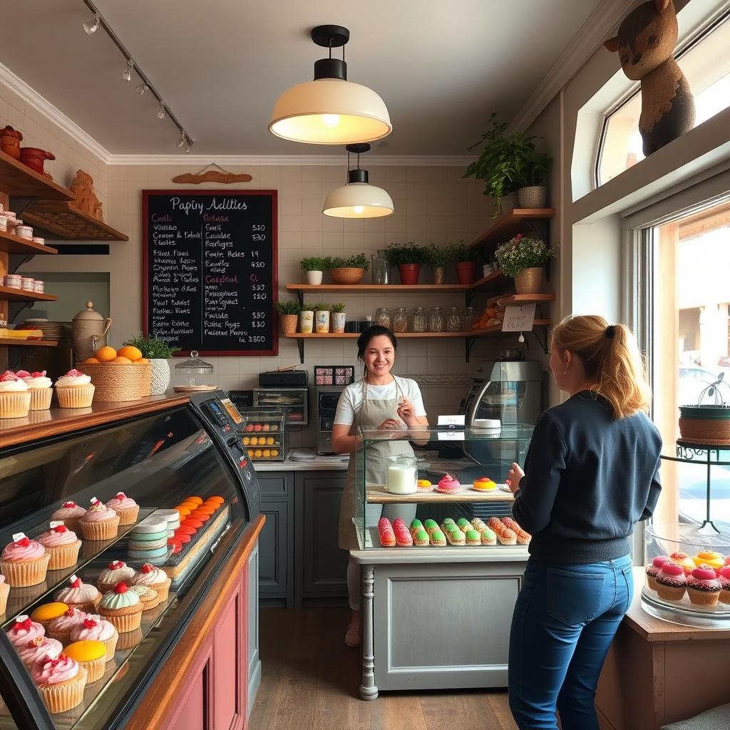 A cozy pastry shop interior filled with an array of colorful pastries and desserts