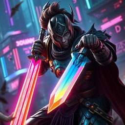 A captivating fantasy scene depicting a powerful warrior clad in intricate armor, inspired by cyberpunk aesthetics, confidently wielding a glowing sword