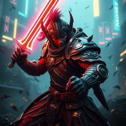A captivating fantasy scene depicting a powerful warrior clad in intricate armor, inspired by cyberpunk aesthetics, confidently wielding a glowing sword