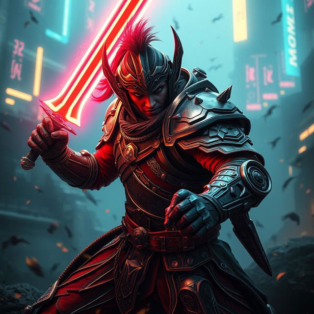A captivating fantasy scene depicting a powerful warrior clad in intricate armor, inspired by cyberpunk aesthetics, confidently wielding a glowing sword