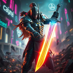 A captivating fantasy scene depicting a powerful warrior clad in intricate armor, inspired by cyberpunk aesthetics, confidently wielding a glowing sword