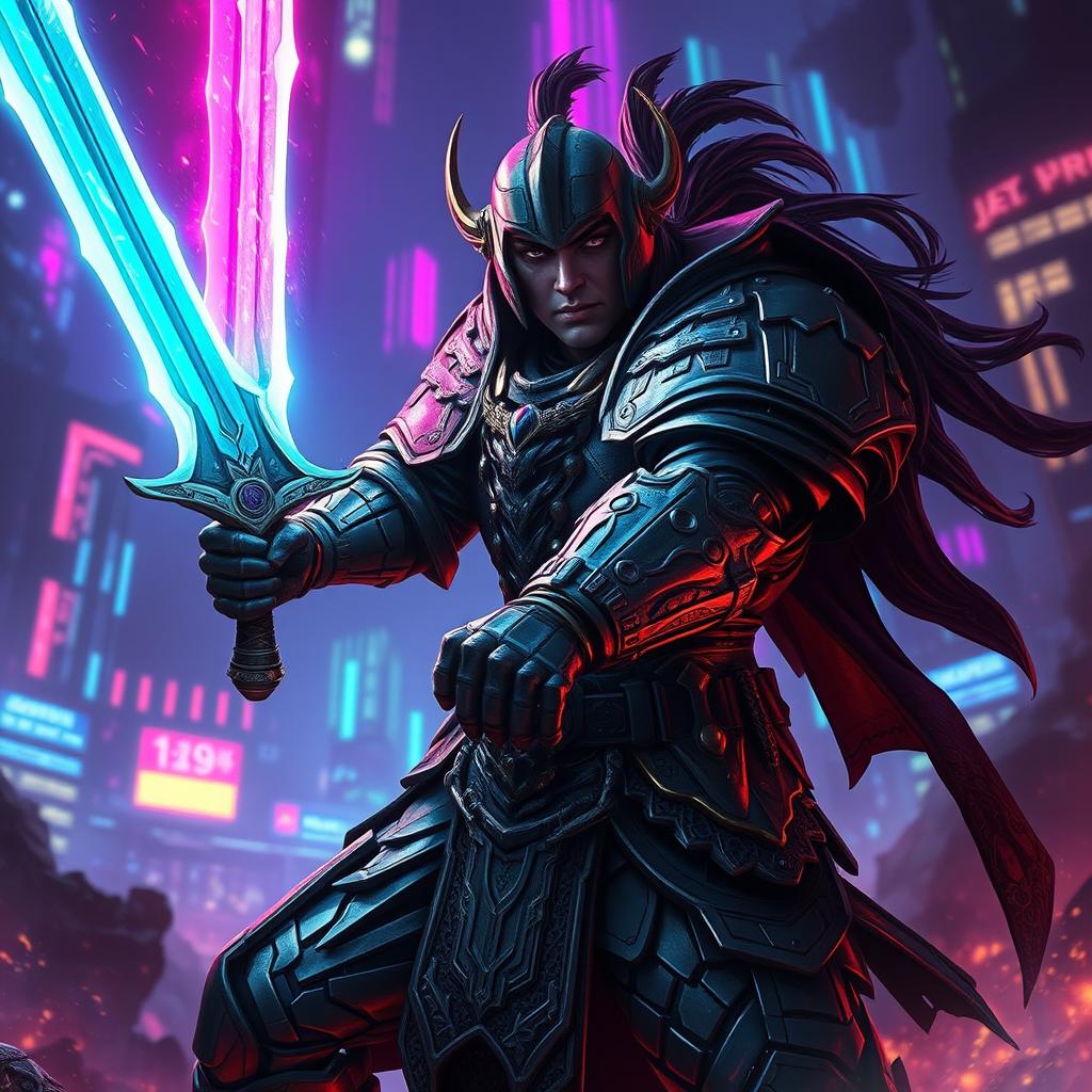 A captivating fantasy scene depicting a powerful warrior clad in intricate armor, inspired by cyberpunk aesthetics, confidently wielding a glowing sword