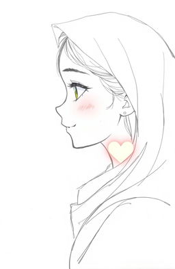 A side profile sketch of a Noorah girl with a serene expression, capturing her deep feelings and calm demeanor