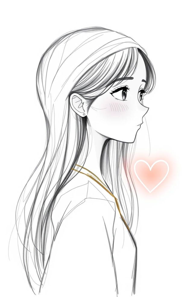 A side profile sketch of a Noorah girl with a serene expression, capturing her deep feelings and calm demeanor