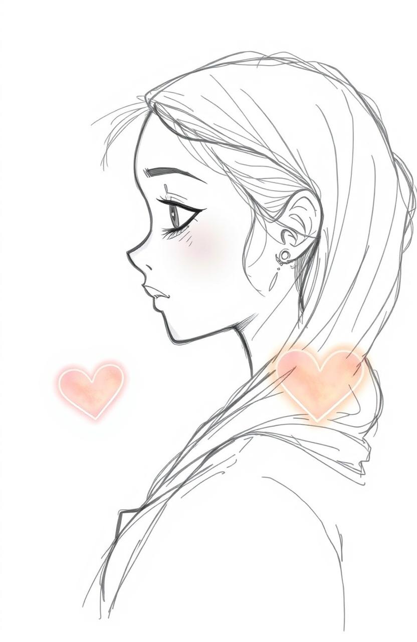 A side profile sketch of a Noorah girl with a serene expression, capturing her deep feelings and calm demeanor