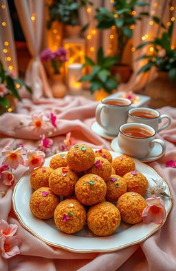A beautifully arranged scene featuring a plate of authentic Indian ladoos, showcasing their golden-brown texture and sprinkled with colorful edible decorations