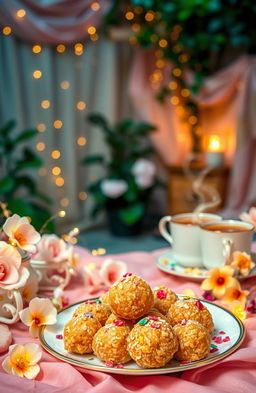 A beautifully arranged scene featuring a plate of authentic Indian ladoos, showcasing their golden-brown texture and sprinkled with colorful edible decorations
