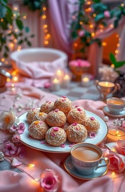A beautifully arranged scene featuring a plate of authentic Indian ladoos, showcasing their golden-brown texture and sprinkled with colorful edible decorations