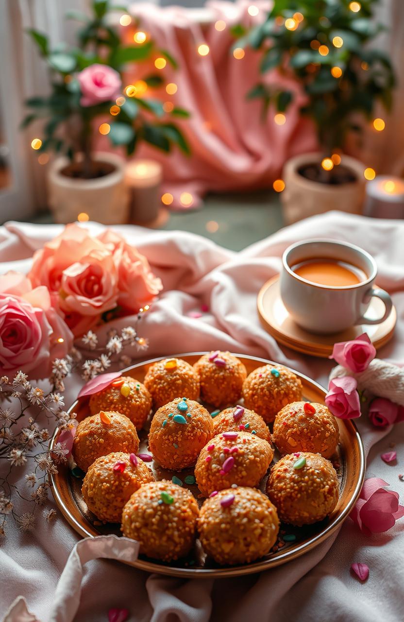 A beautifully arranged scene featuring a plate of authentic Indian ladoos, showcasing their golden-brown texture and sprinkled with colorful edible decorations