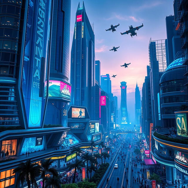 A vibrant futuristic cityscape bathed in a stunning blue light, featuring sleek skyscrapers with glass facades, neon signs illuminating the streets, and flying vehicles darting overhead