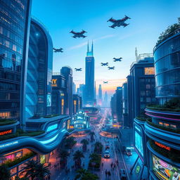 A vibrant futuristic cityscape bathed in a stunning blue light, featuring sleek skyscrapers with glass facades, neon signs illuminating the streets, and flying vehicles darting overhead