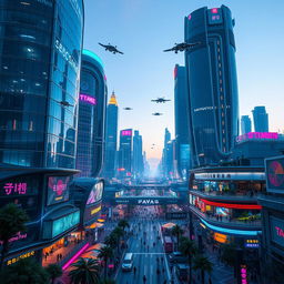 A vibrant futuristic cityscape bathed in a stunning blue light, featuring sleek skyscrapers with glass facades, neon signs illuminating the streets, and flying vehicles darting overhead