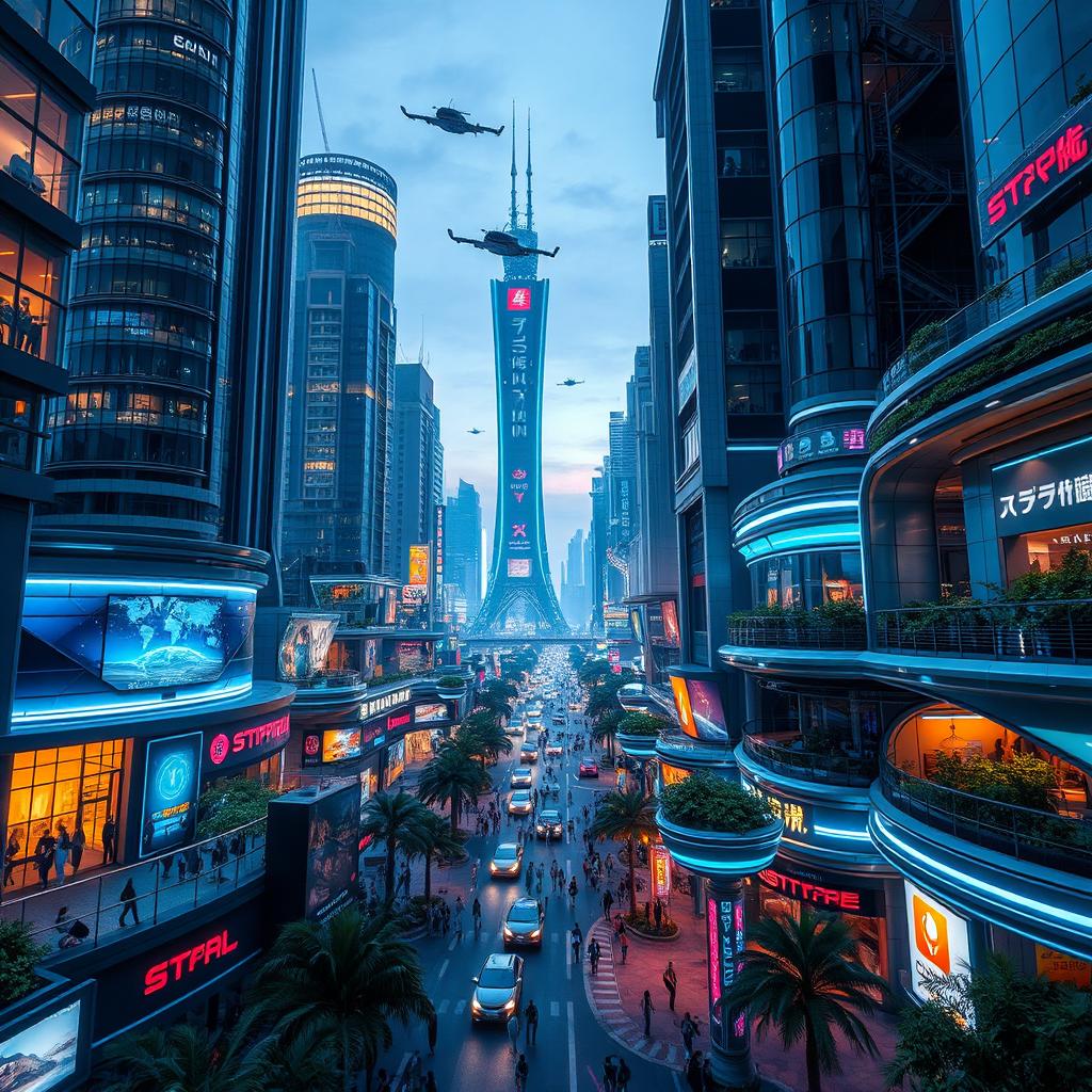 A vibrant futuristic cityscape bathed in a stunning blue light, featuring sleek skyscrapers with glass facades, neon signs illuminating the streets, and flying vehicles darting overhead