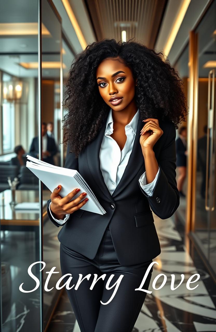 A glamorous young Black woman, with luxurious curly hair and an air of confidence, dressed in a designer business suit, representing a spoiled rich girl image as she navigates through a luxurious law firm
