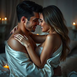 An intimate, passionate scene of a couple in love, engaged in a romantic embrace