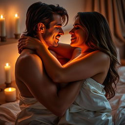 An intimate, passionate scene of a couple in love, engaged in a romantic embrace