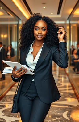 A glamorous young Black woman, with luxurious curly hair and an air of confidence, dressed in a designer business suit, representing a spoiled rich girl image as she navigates through a luxurious law firm