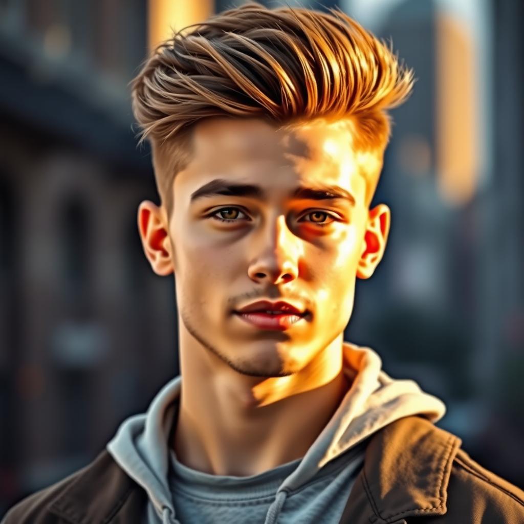 A stylish young man with a textured haircut, exuding confidence and charisma