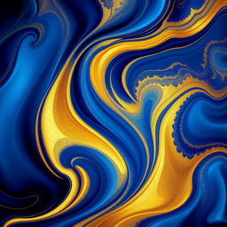 An abstract composition featuring a dynamic blend of blue and gold colors, creating a sense of movement and depth